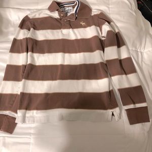 Bigger boys’ size M Abercrombie long-sleeved polo shirt-brown/white striped